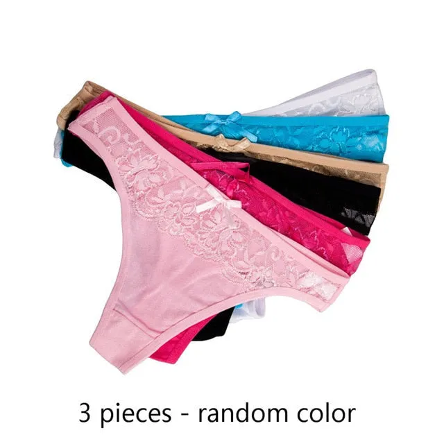 3 Pack Thongs and G Strings Sexy Lace Transparent Panties Cotton Seamless Underwear Briefs