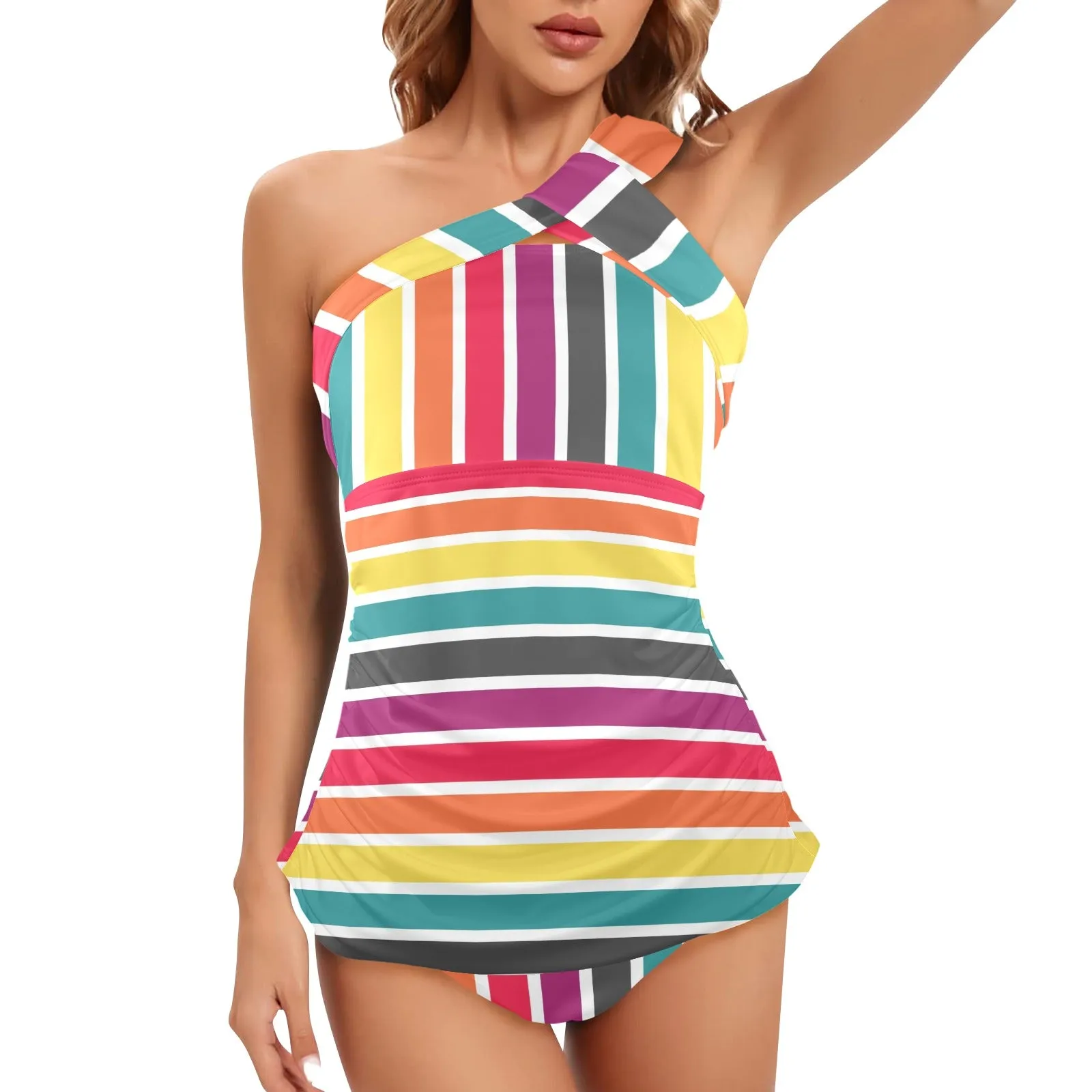 6 COLOR PALLETTE STRIPED Women's One Shoulder Backless Swimsuit (Model S44)