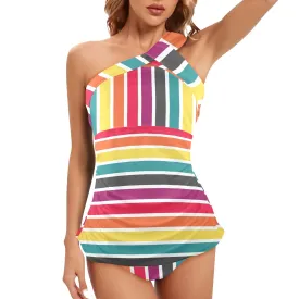 6 COLOR PALLETTE STRIPED Women's One Shoulder Backless Swimsuit (Model S44)