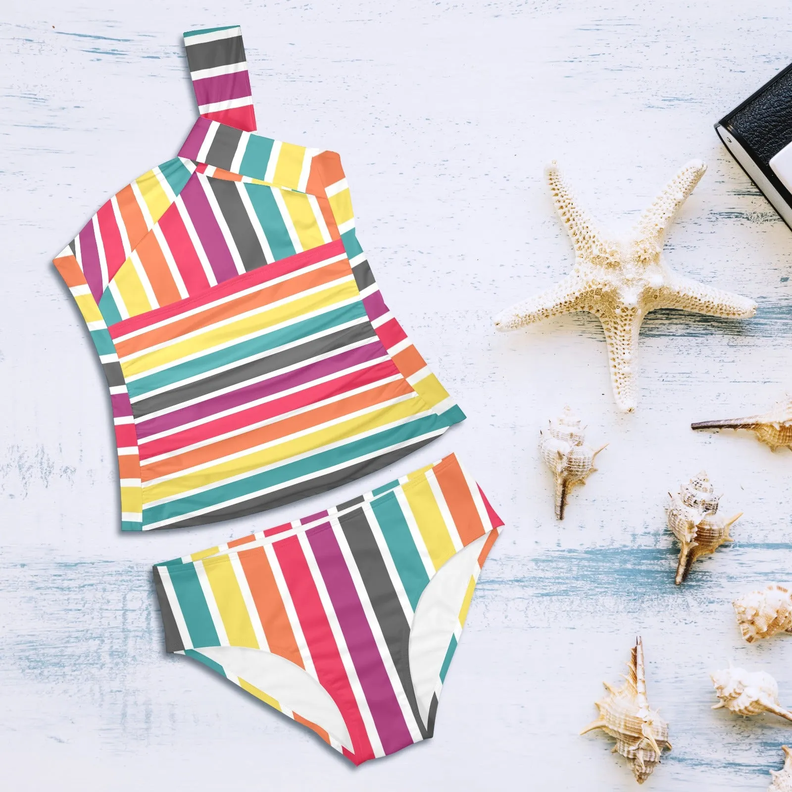 6 COLOR PALLETTE STRIPED Women's One Shoulder Backless Swimsuit (Model S44)