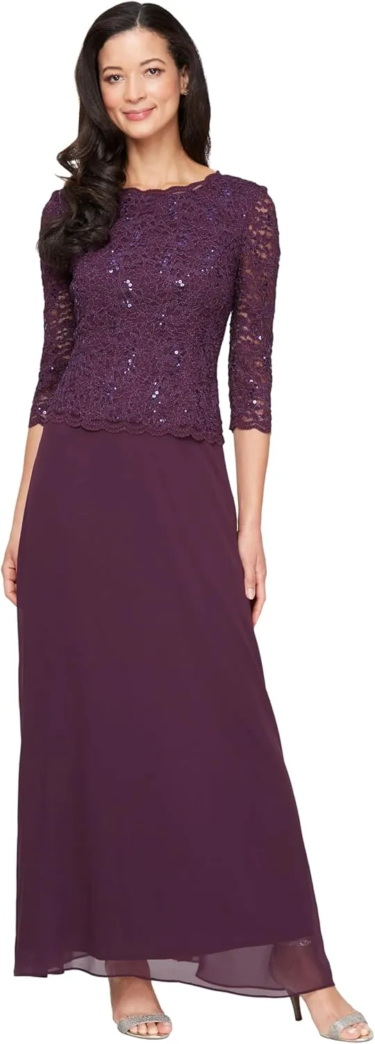 Alex Evenings Women's 3/4 Sleeve Stretch Lace Bodice One Piece Mother of The Bride Dress (Petite and Regular Sizes)