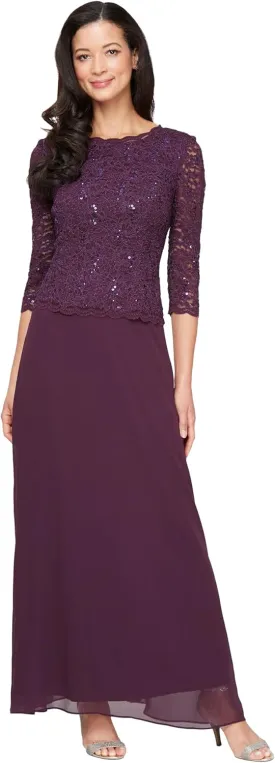 Alex Evenings Women's 3/4 Sleeve Stretch Lace Bodice One Piece Mother of The Bride Dress (Petite and Regular Sizes)