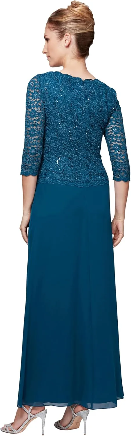 Alex Evenings Women's 3/4 Sleeve Stretch Lace Bodice One Piece Mother of The Bride Dress (Petite and Regular Sizes)