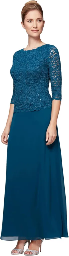 Alex Evenings Women's 3/4 Sleeve Stretch Lace Bodice One Piece Mother of The Bride Dress (Petite and Regular Sizes)