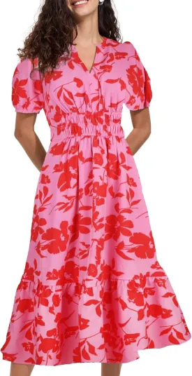 ALLOVIN Womens 2025 Floral Summer Midi Dress with Pockets - V-Neck A-Line Short Sleeve Smocked Waist, Ruffle Tiered Dress