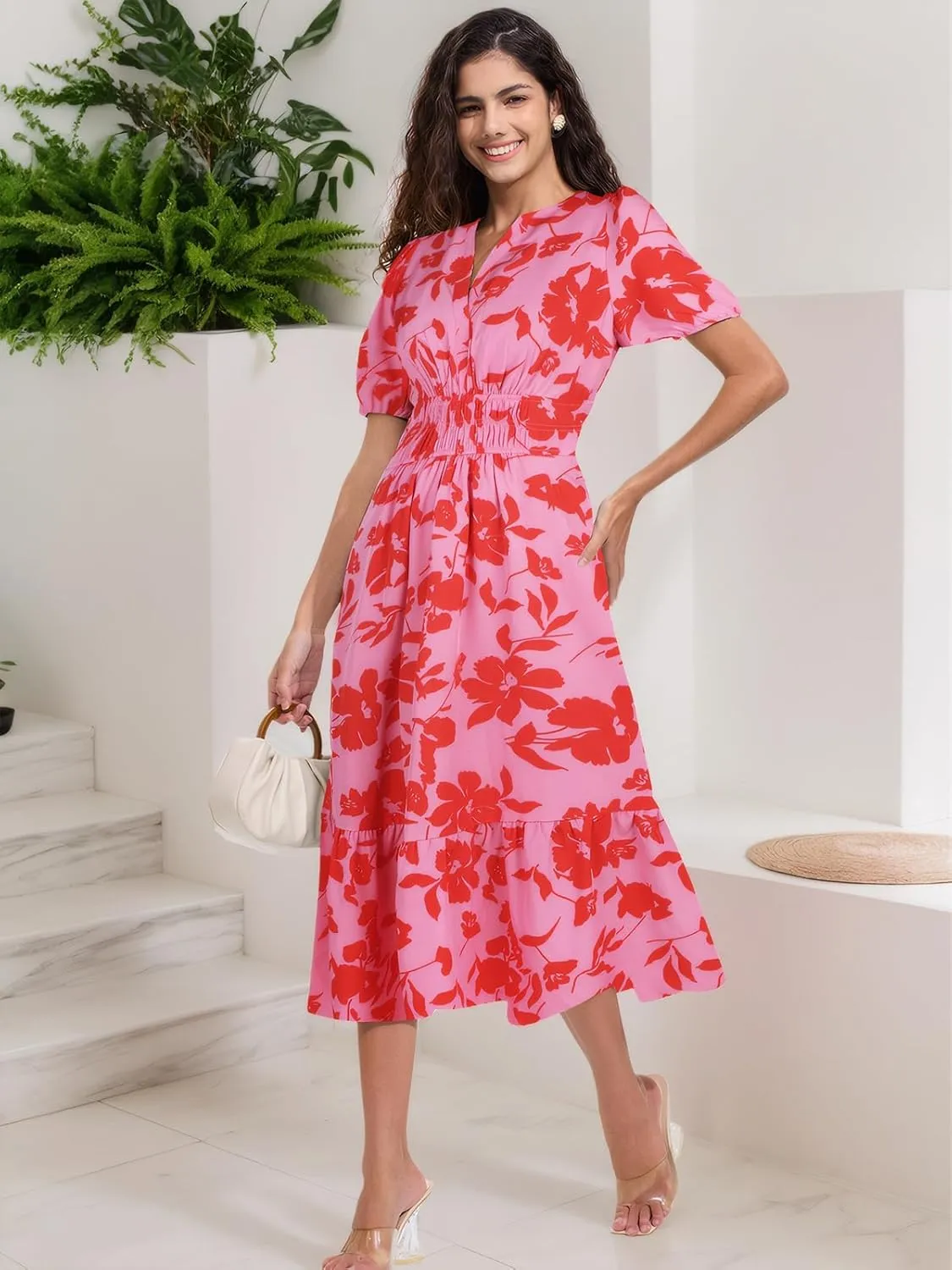 ALLOVIN Womens 2025 Floral Summer Midi Dress with Pockets - V-Neck A-Line Short Sleeve Smocked Waist, Ruffle Tiered Dress