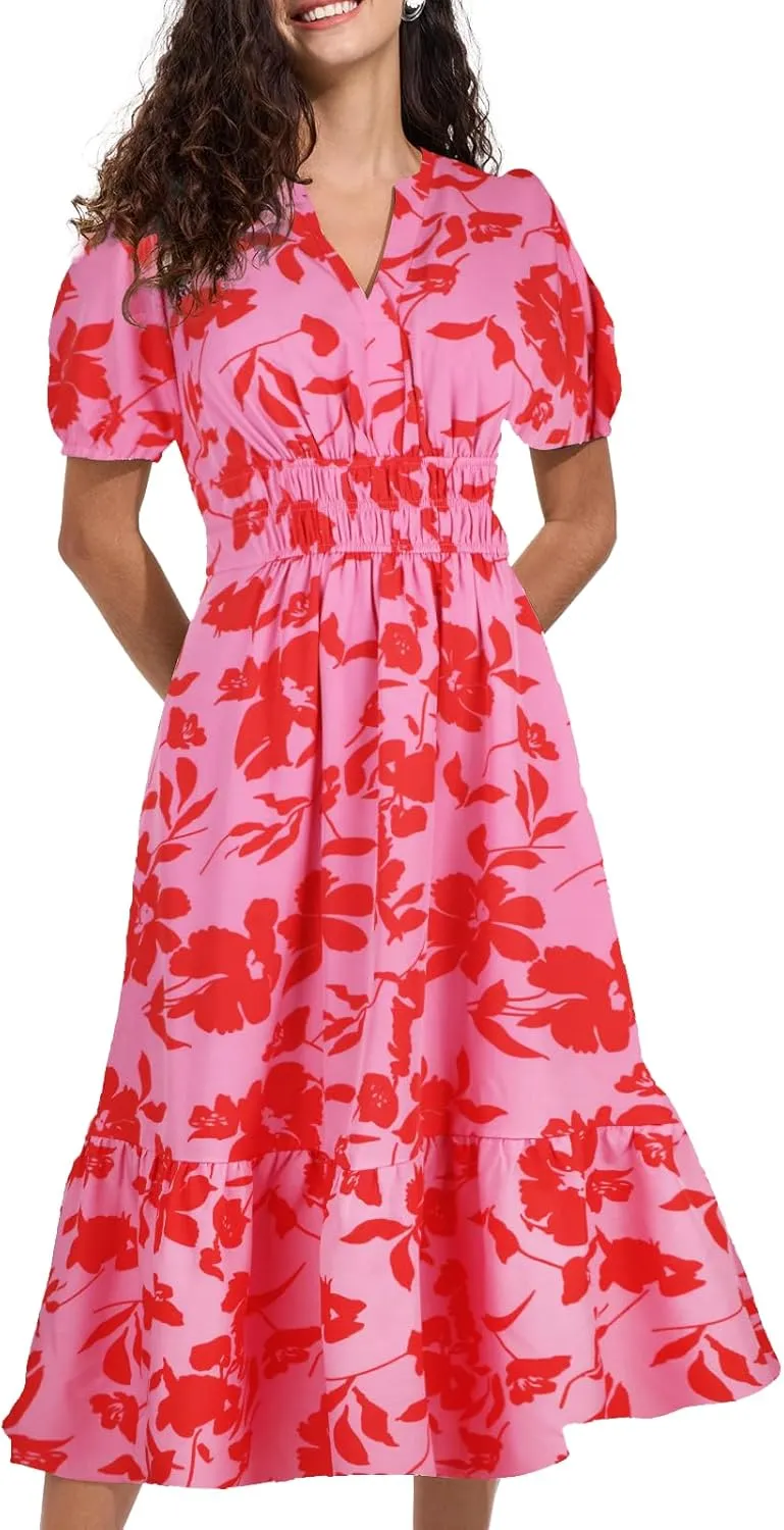 ALLOVIN Womens 2025 Floral Summer Midi Dress with Pockets - V-Neck A-Line Short Sleeve Smocked Waist, Ruffle Tiered Dress