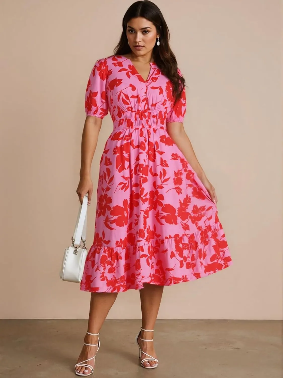 ALLOVIN Womens 2025 Floral Summer Midi Dress with Pockets - V-Neck A-Line Short Sleeve Smocked Waist, Ruffle Tiered Dress