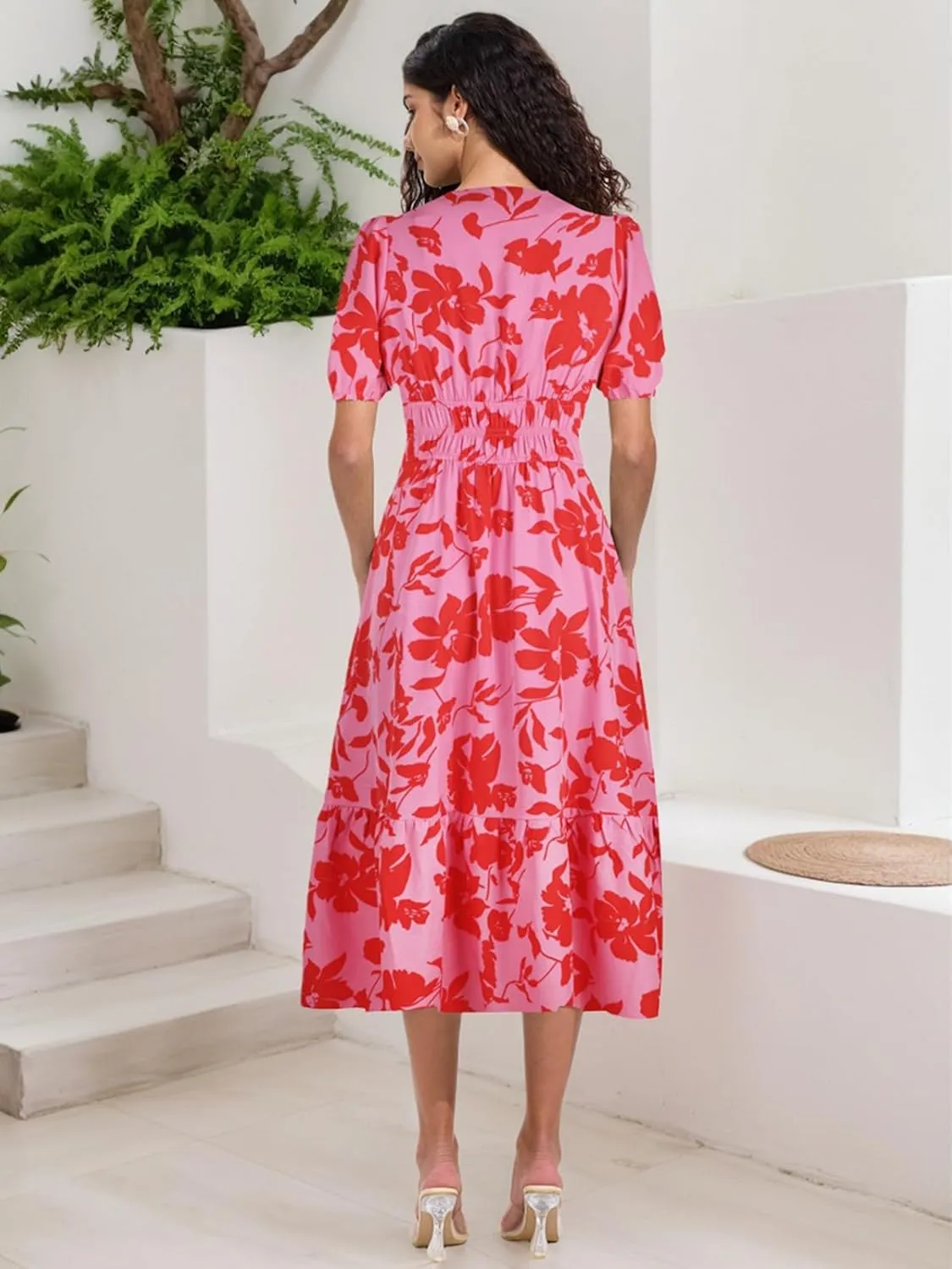 ALLOVIN Womens 2025 Floral Summer Midi Dress with Pockets - V-Neck A-Line Short Sleeve Smocked Waist, Ruffle Tiered Dress