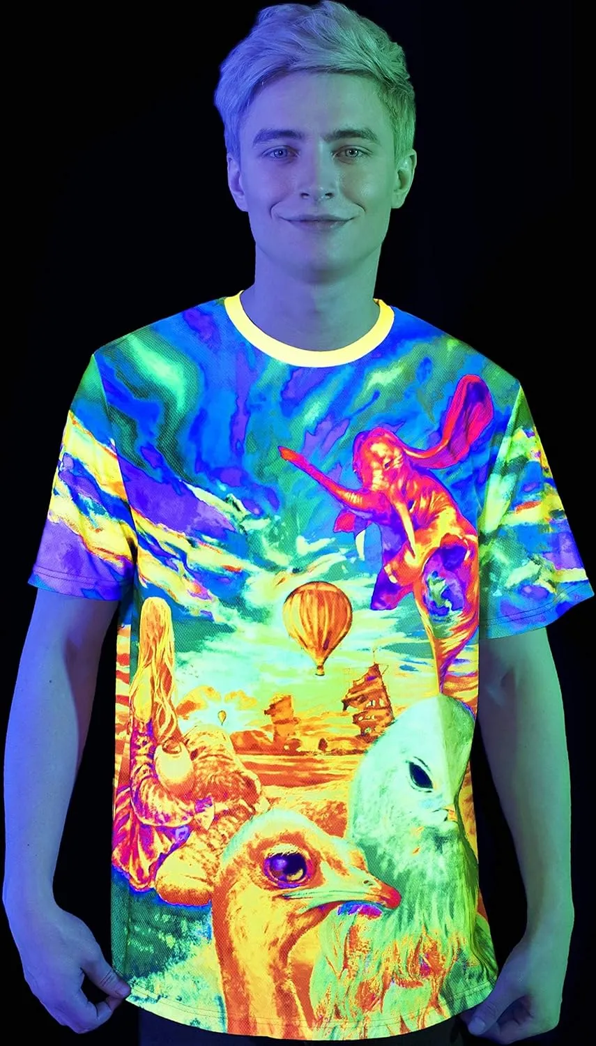 aofmoka Neon Glow Blacklight UV Reactive Party Rave Handmade Art Tee Sport Top Workout Shirt Women Unisex Men Design T-Shirt