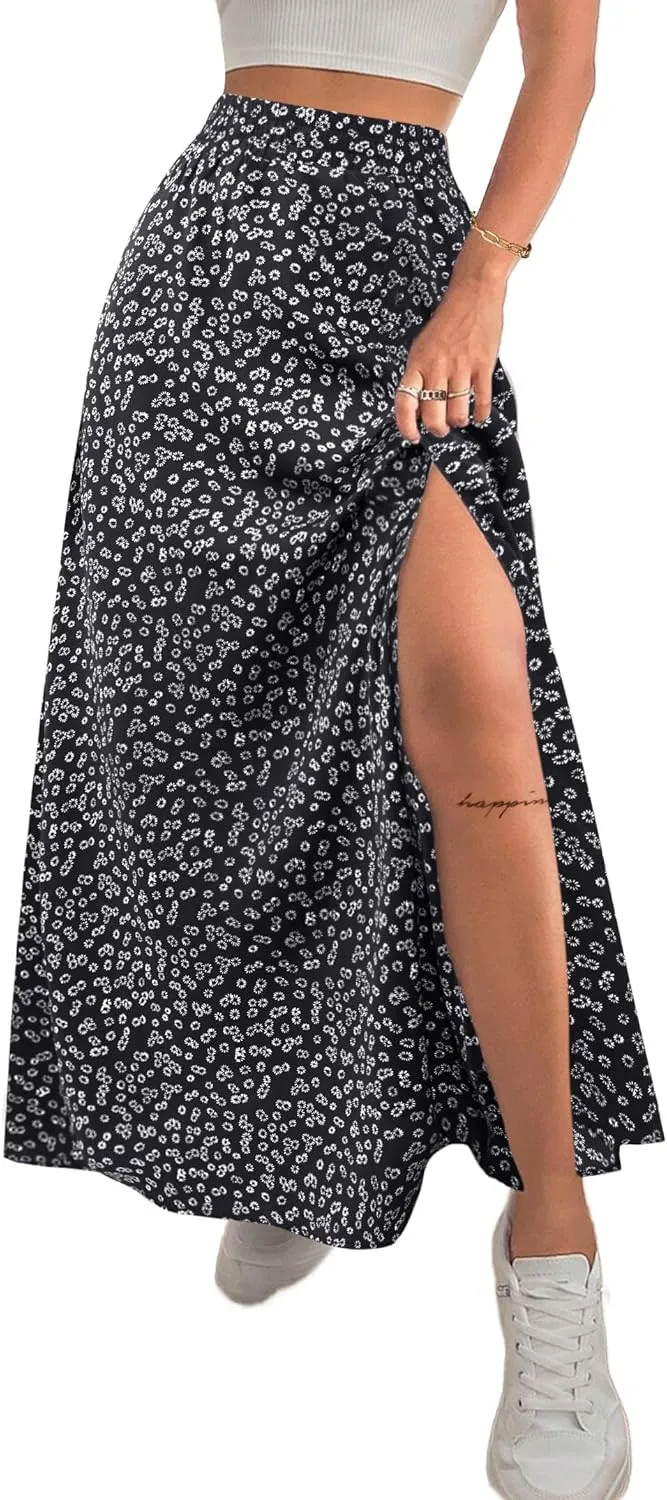 Avanova Women Boho Floral Slit Maxi Skirt Split Thigh High Waisted Long Sexy Skirt