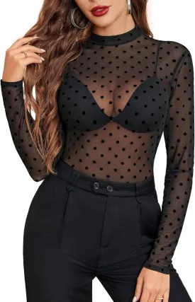 Avidlove Mesh Top for Women Long Sleeve See Through Shirt Mock Neck Sheer Blouse S-XXL