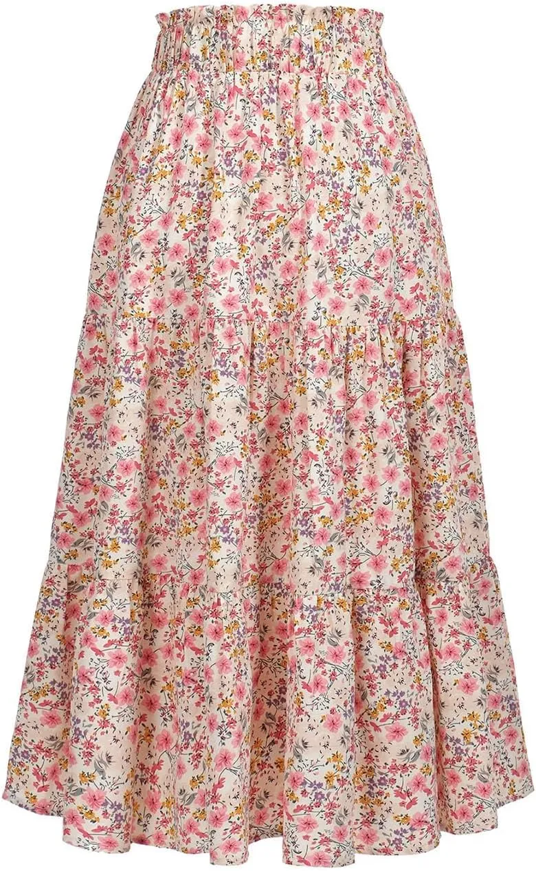 BARASA Summer Women's Midi Skirts Boho High Elastic Waist Fake Drawstring Floral Print A line Casual Cute Skirt D626