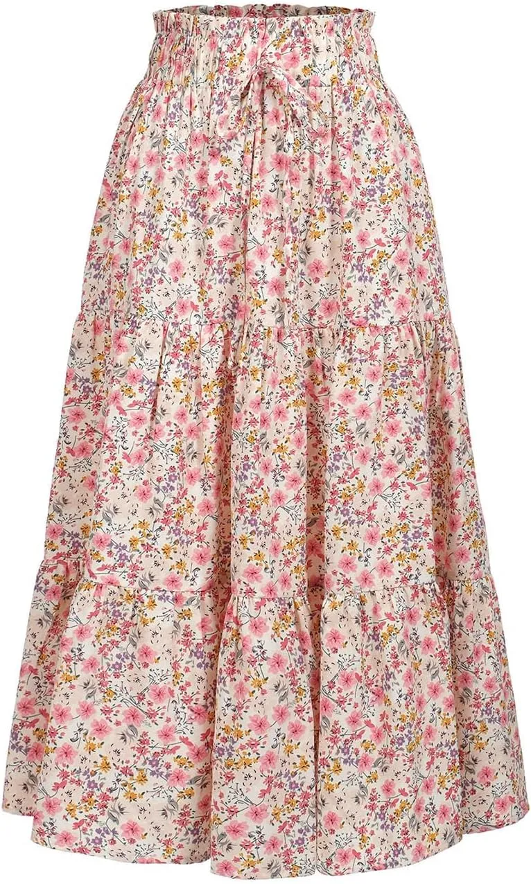 BARASA Summer Women's Midi Skirts Boho High Elastic Waist Fake Drawstring Floral Print A line Casual Cute Skirt D626