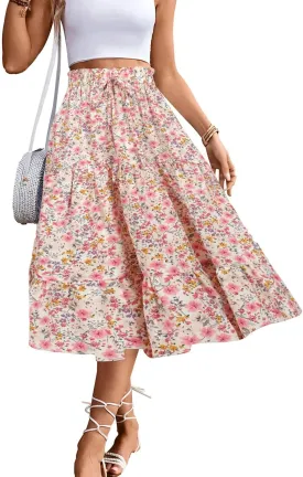 BARASA Summer Women's Midi Skirts Boho High Elastic Waist Fake Drawstring Floral Print A line Casual Cute Skirt D626