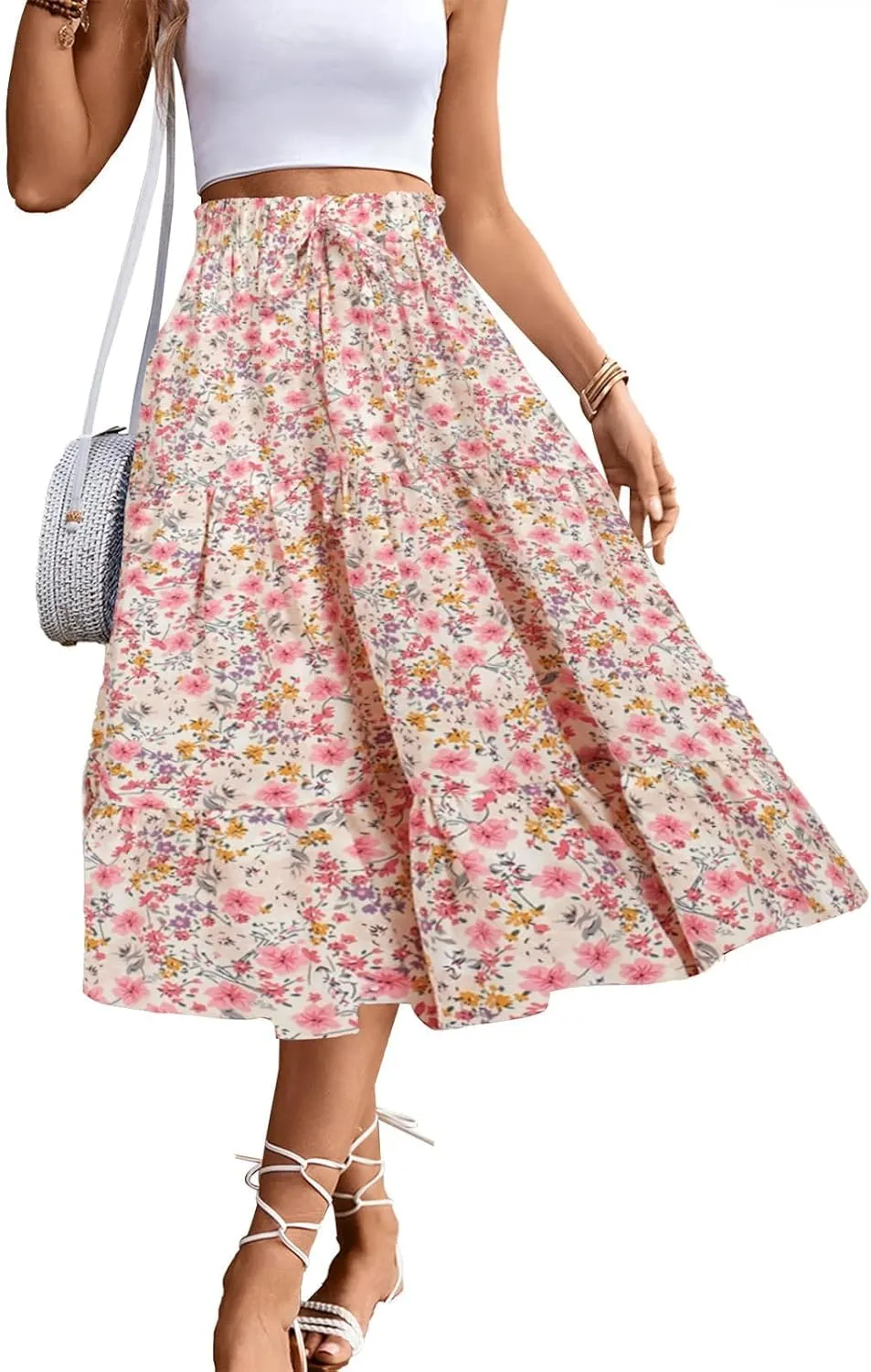 BARASA Summer Women's Midi Skirts Boho High Elastic Waist Fake Drawstring Floral Print A line Casual Cute Skirt D626