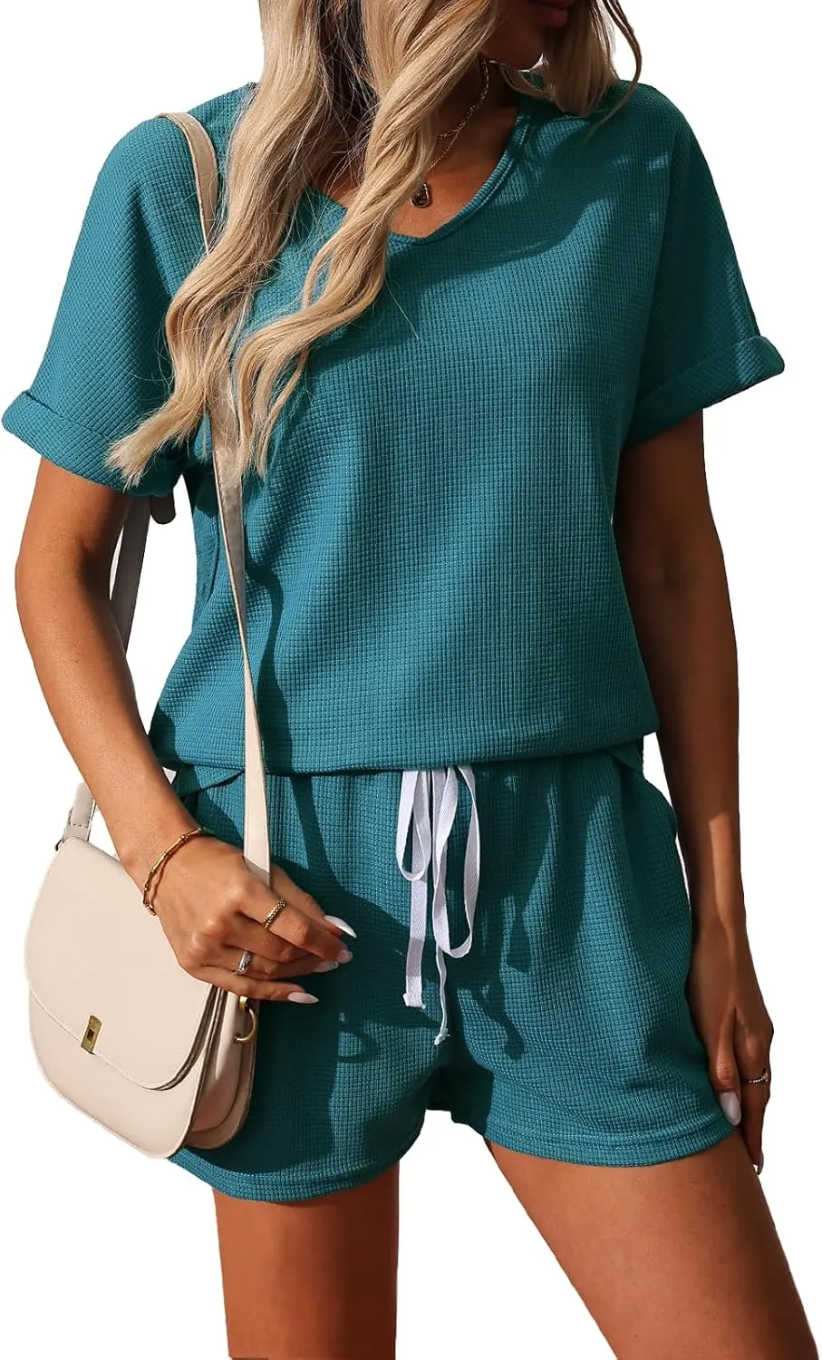 BARASA Women 2 Piece Outfits Sets Summer Casual Waffle Knit Set V Neck Top Elastic Waist Shorts with Pockets D668