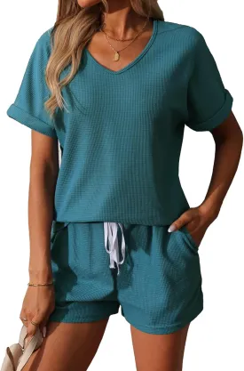 BARASA Women 2 Piece Outfits Sets Summer Casual Waffle Knit Set V Neck Top Elastic Waist Shorts with Pockets D668