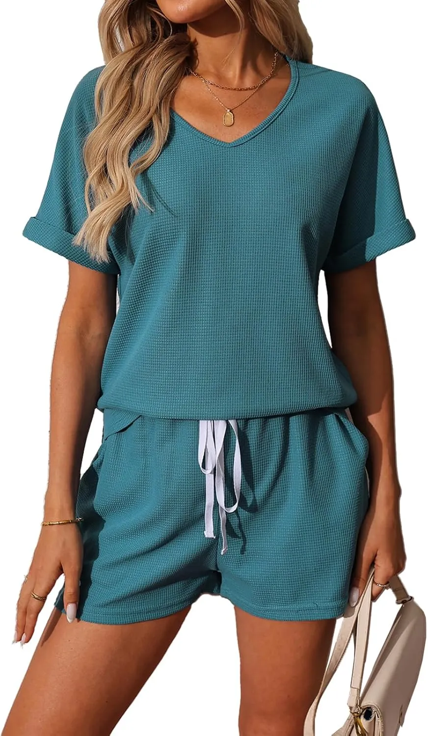 BARASA Women 2 Piece Outfits Sets Summer Casual Waffle Knit Set V Neck Top Elastic Waist Shorts with Pockets D668
