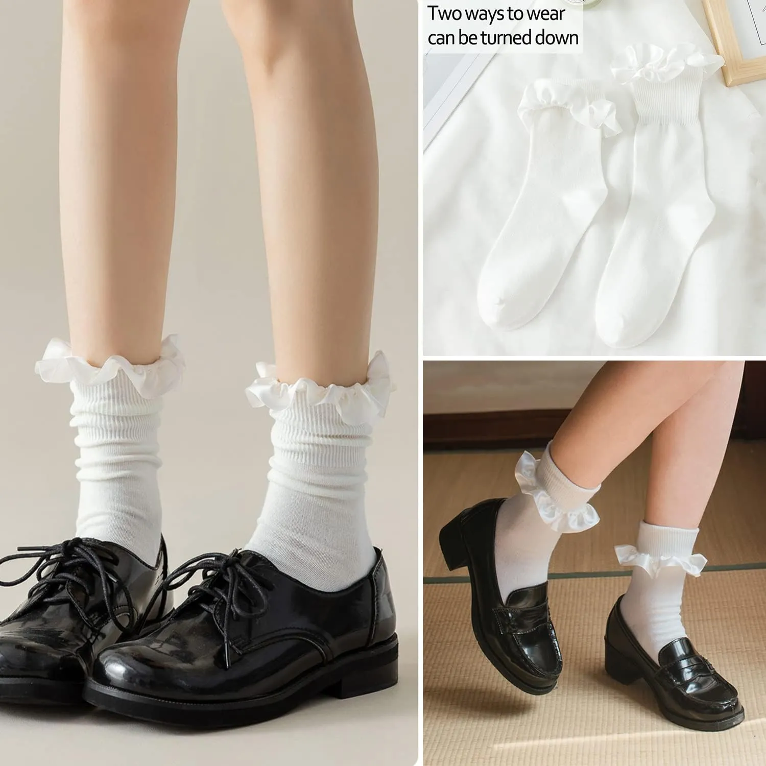 BIVOLU Womens Crew Socks Lace Ruffle Frilly Cotton Cute Princess Ankle Dress Socks for Girl 6 Pack