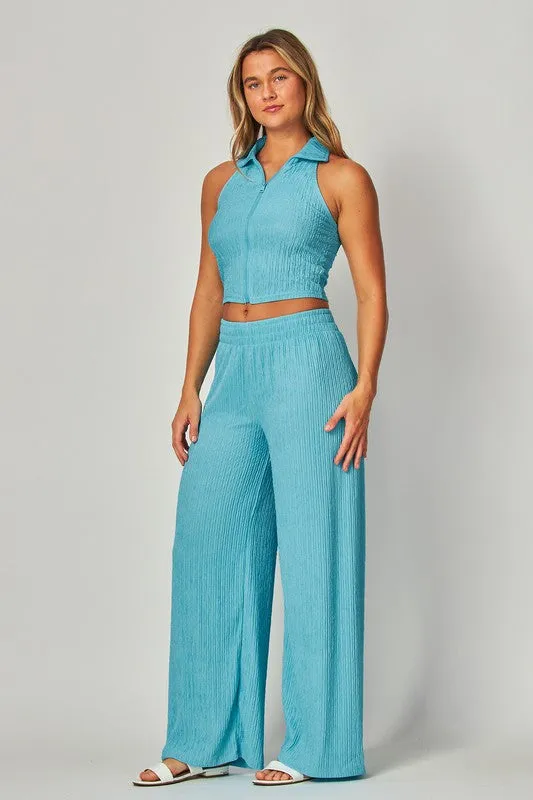 Blue Jewel Crinkle Textured Collar Zip-up 2pc Loungewear Set