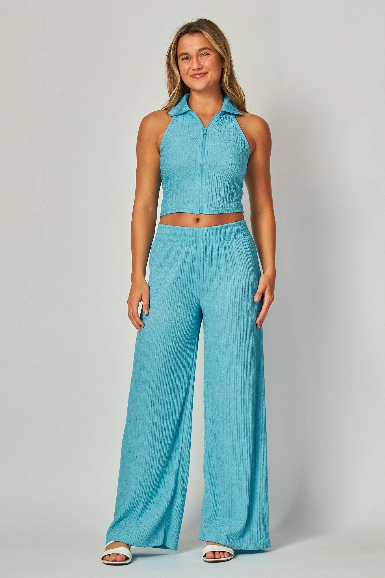 Blue Jewel Crinkle Textured Collar Zip-up 2pc Loungewear Set
