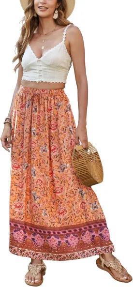 Bluetime Women Floral Print Long Skirt Boho Summer Pleated Elastic High Waisted Casual Maxi Skirt