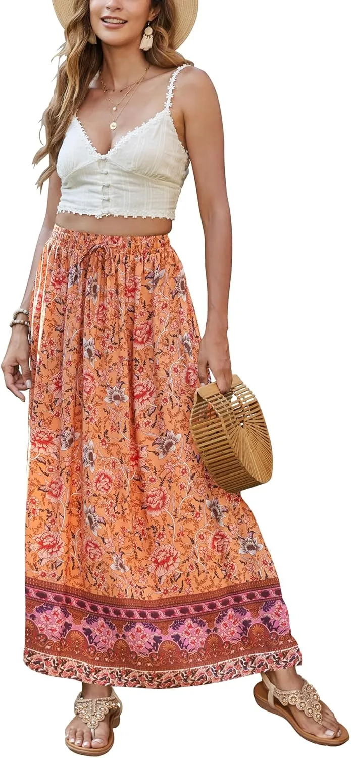 Bluetime Women Floral Print Long Skirt Boho Summer Pleated Elastic High Waisted Casual Maxi Skirt