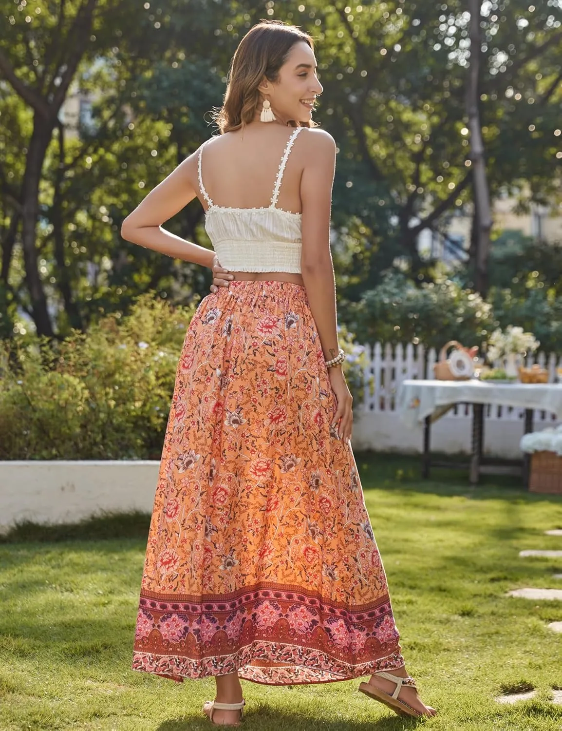Bluetime Women Floral Print Long Skirt Boho Summer Pleated Elastic High Waisted Casual Maxi Skirt