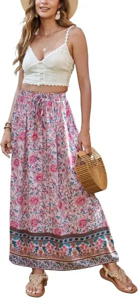 Bluetime Women Floral Print Long Skirt Boho Summer Pleated Elastic High Waisted Casual Maxi Skirt