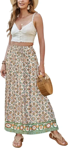 Bluetime Women Floral Print Long Skirt Boho Summer Pleated Elastic High Waisted Casual Maxi Skirt