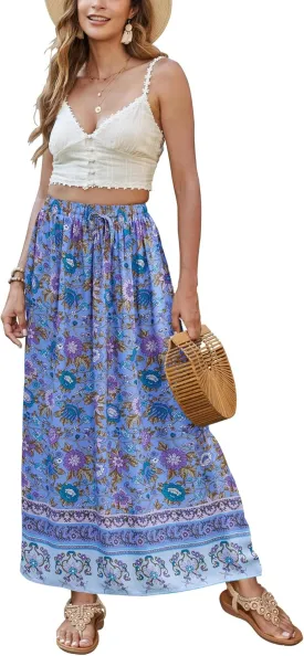 Bluetime Women Floral Print Long Skirt Boho Summer Pleated Elastic High Waisted Casual Maxi Skirt
