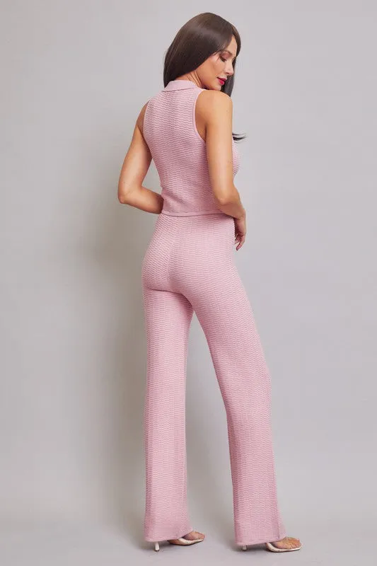 Blush Pink Knit Sleeveless Collar Top And Pants Set