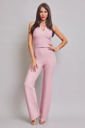 Blush Pink Knit Sleeveless Collar Top And Pants Set