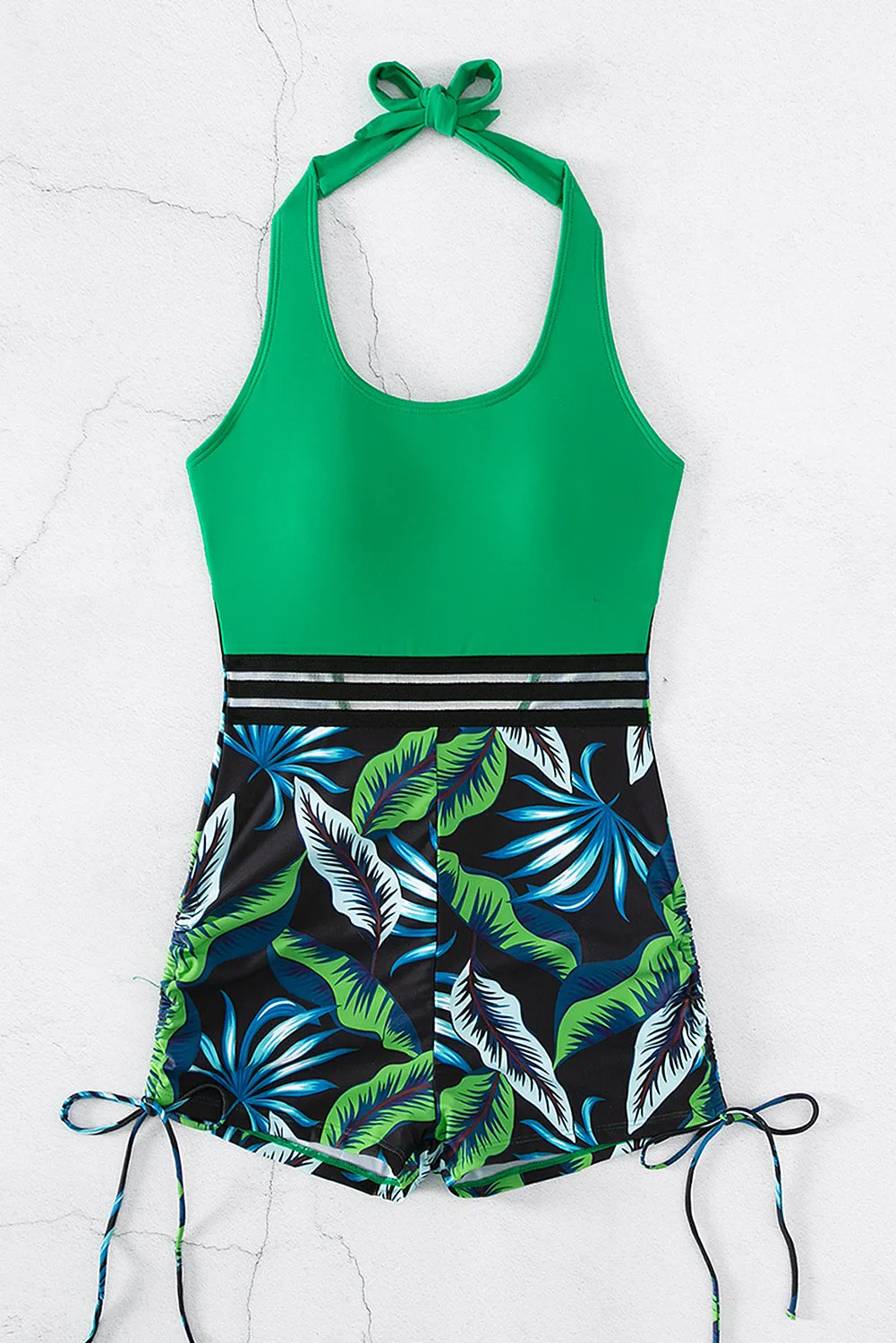 Bright Green Mesh Striped Halter Monokini with Drawstring Detail