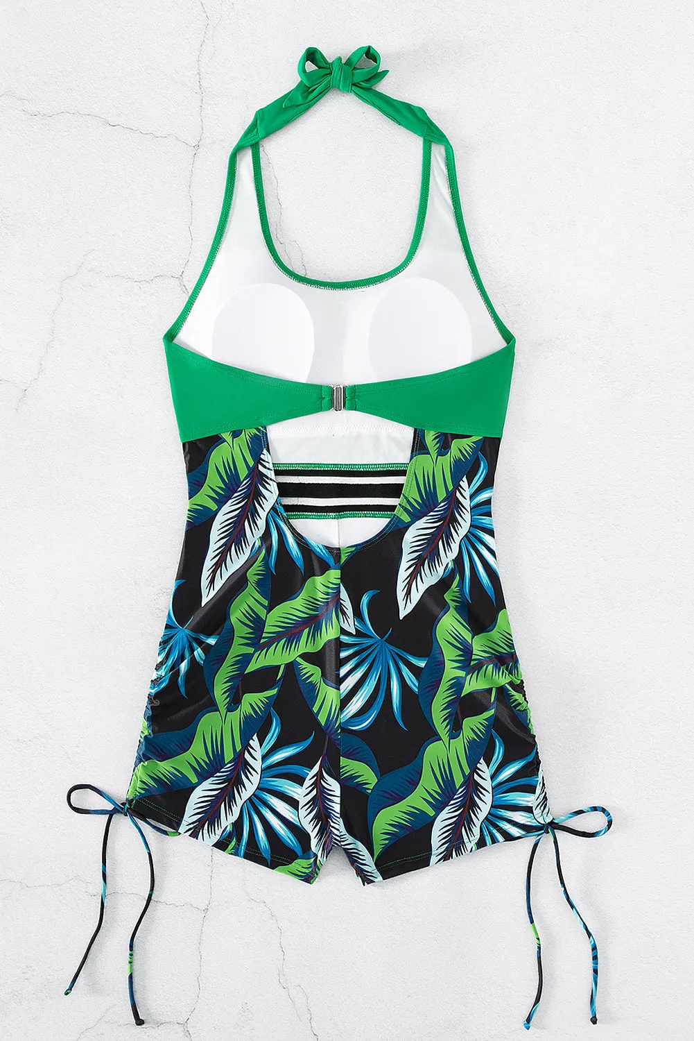 Bright Green Mesh Striped Halter Monokini with Drawstring Detail