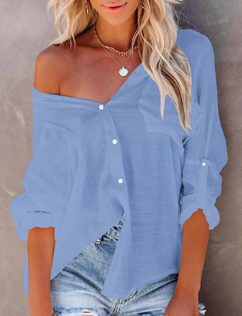 Bsubseach Button Down Swim Cover Up Shirt Sexy Long Sleeve Beach Blouse Bathing Suit Cover Ups for Women
