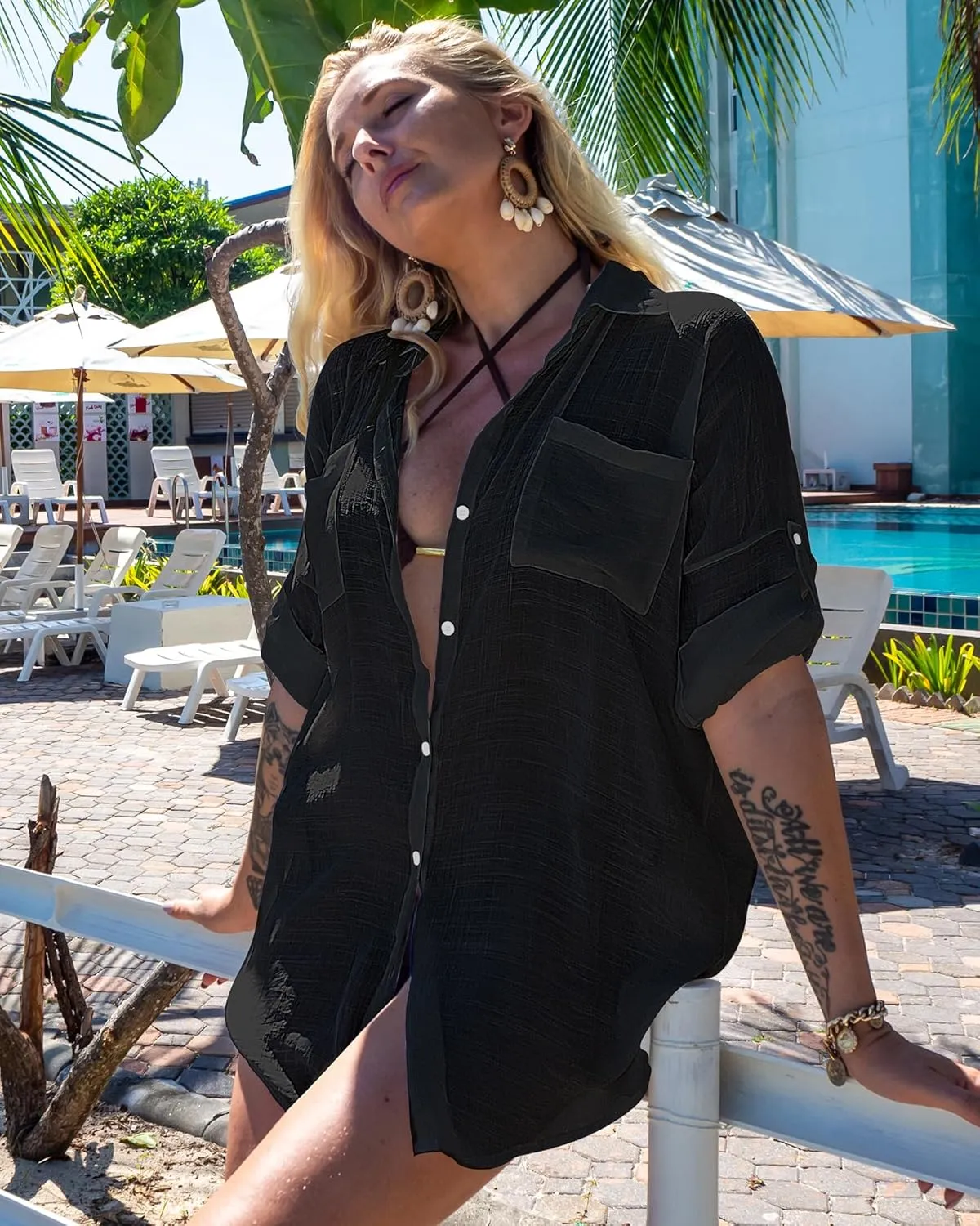 Bsubseach Button Down Swim Cover Up Shirt Sexy Long Sleeve Beach Blouse Bathing Suit Cover Ups for Women