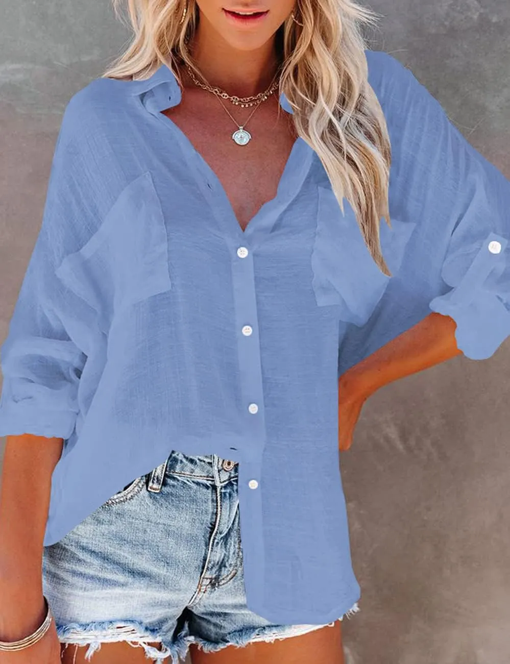 Bsubseach Button Down Swim Cover Up Shirt Sexy Long Sleeve Beach Blouse Bathing Suit Cover Ups for Women