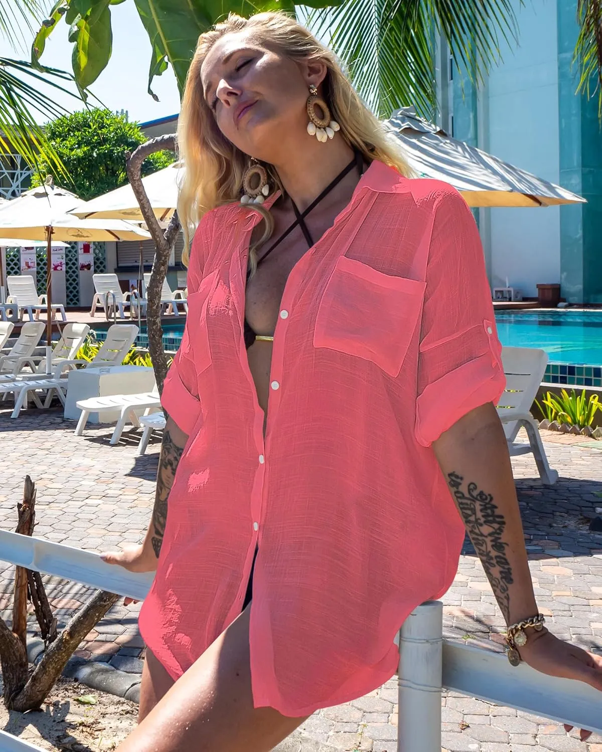 Bsubseach Button Down Swim Cover Up Shirt Sexy Long Sleeve Beach Blouse Bathing Suit Cover Ups for Women
