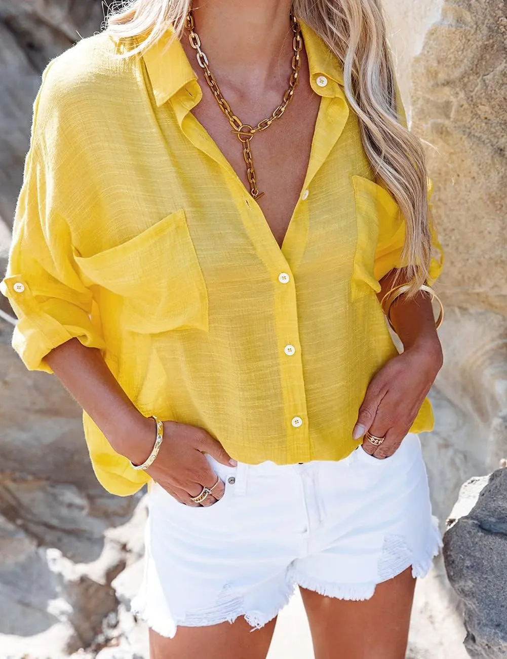 Bsubseach Button Down Swim Cover Up Shirt Sexy Long Sleeve Beach Blouse Bathing Suit Cover Ups for Women