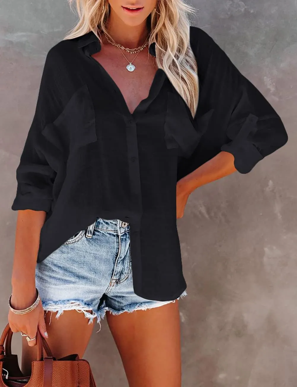 Bsubseach Button Down Swim Cover Up Shirt Sexy Long Sleeve Beach Blouse Bathing Suit Cover Ups for Women