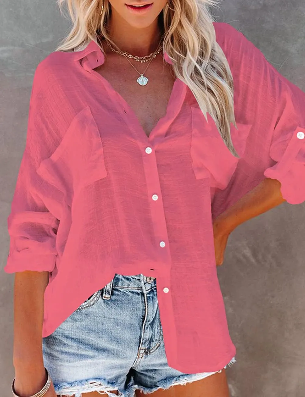 Bsubseach Button Down Swim Cover Up Shirt Sexy Long Sleeve Beach Blouse Bathing Suit Cover Ups for Women