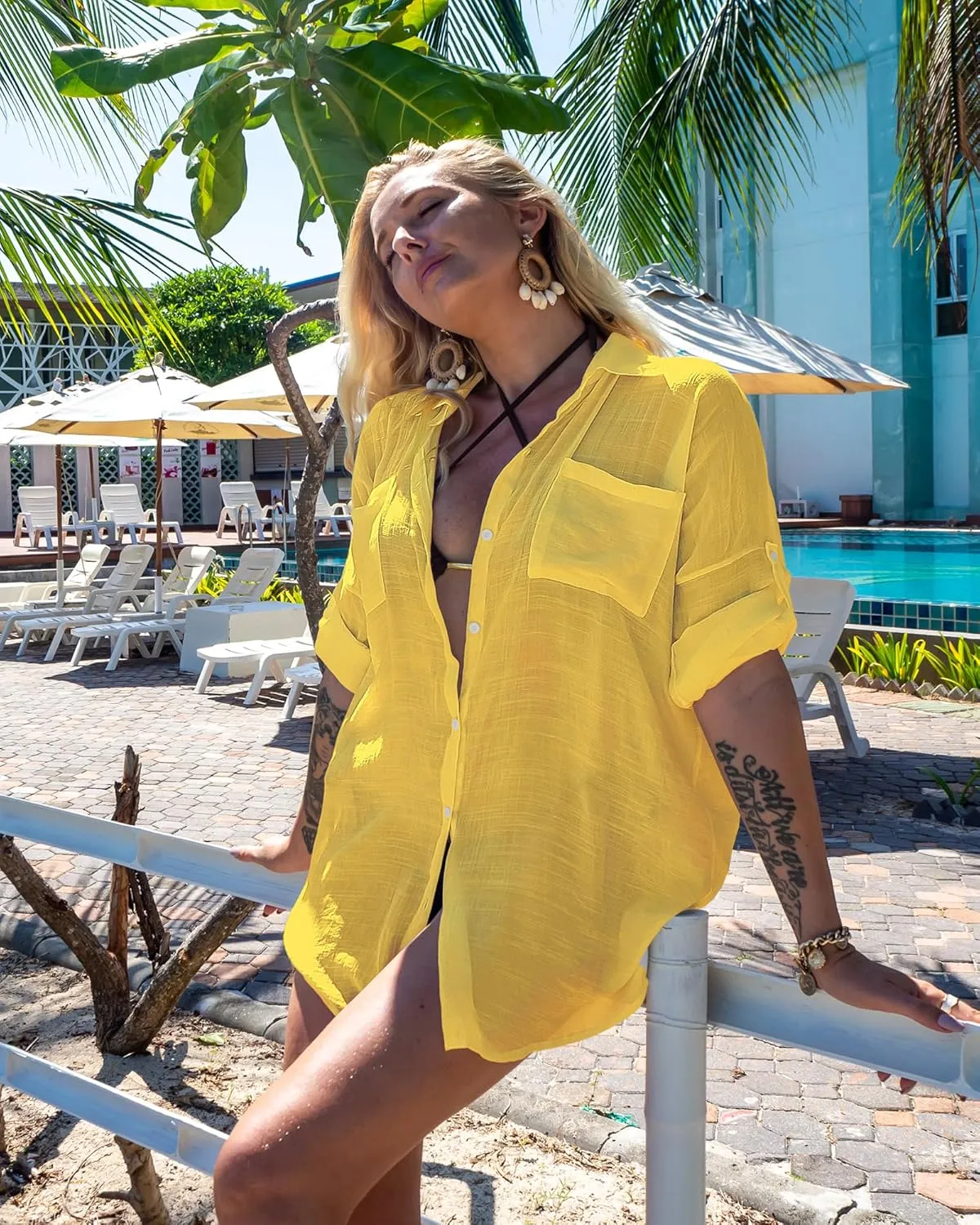 Bsubseach Button Down Swim Cover Up Shirt Sexy Long Sleeve Beach Blouse Bathing Suit Cover Ups for Women