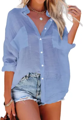 Bsubseach Button Down Swim Cover Up Shirt Sexy Long Sleeve Beach Blouse Bathing Suit Cover Ups for Women