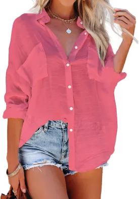 Bsubseach Button Down Swim Cover Up Shirt Sexy Long Sleeve Beach Blouse Bathing Suit Cover Ups for Women