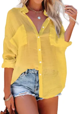 Bsubseach Button Down Swim Cover Up Shirt Sexy Long Sleeve Beach Blouse Bathing Suit Cover Ups for Women