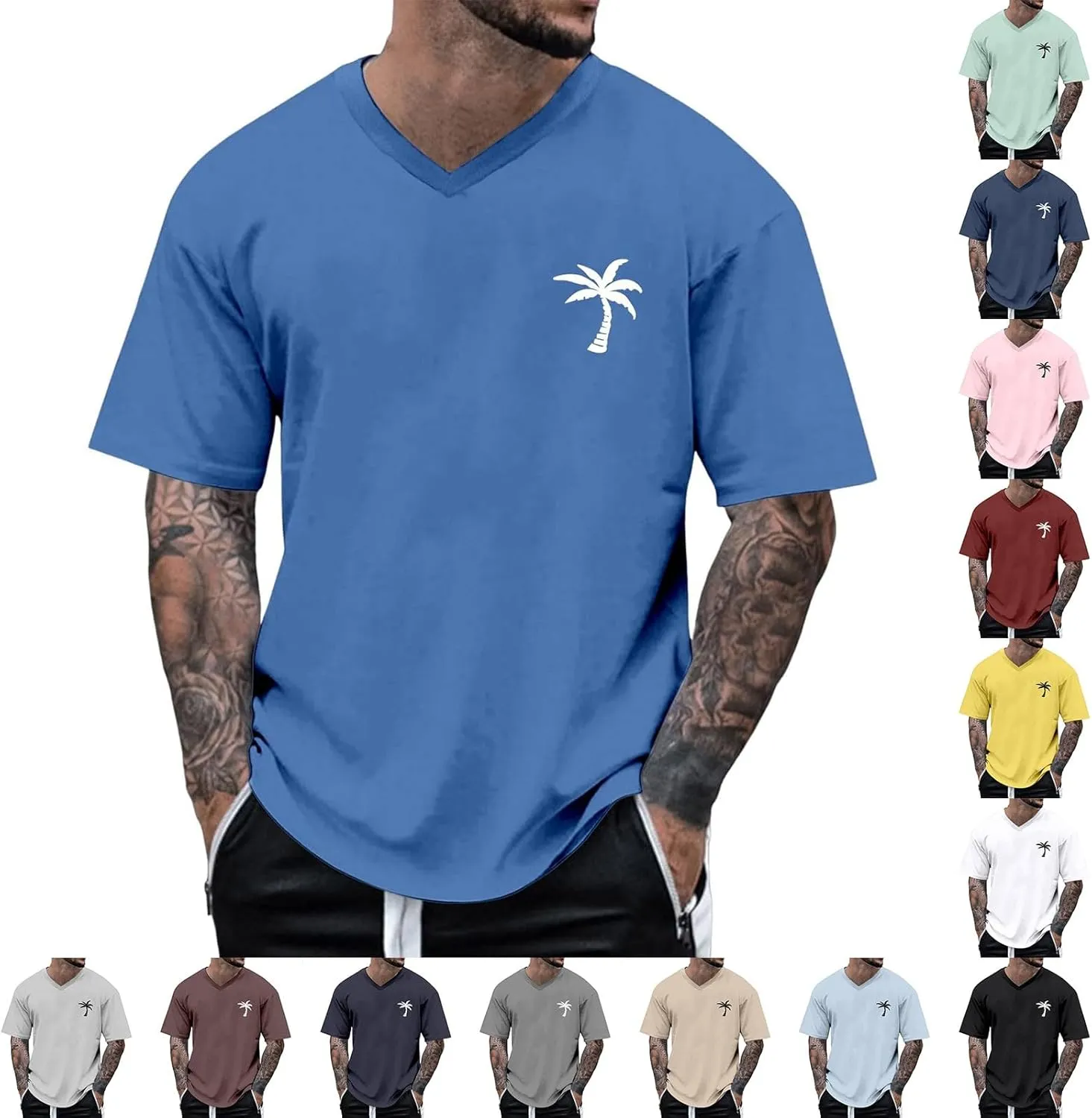 CRNTCEM Mens Big and Tall Coconut Print T-Shirts Heavyweight Cotton Hippie V Neck Tshirts Summer Short Sleeve Gym Muscle Tops