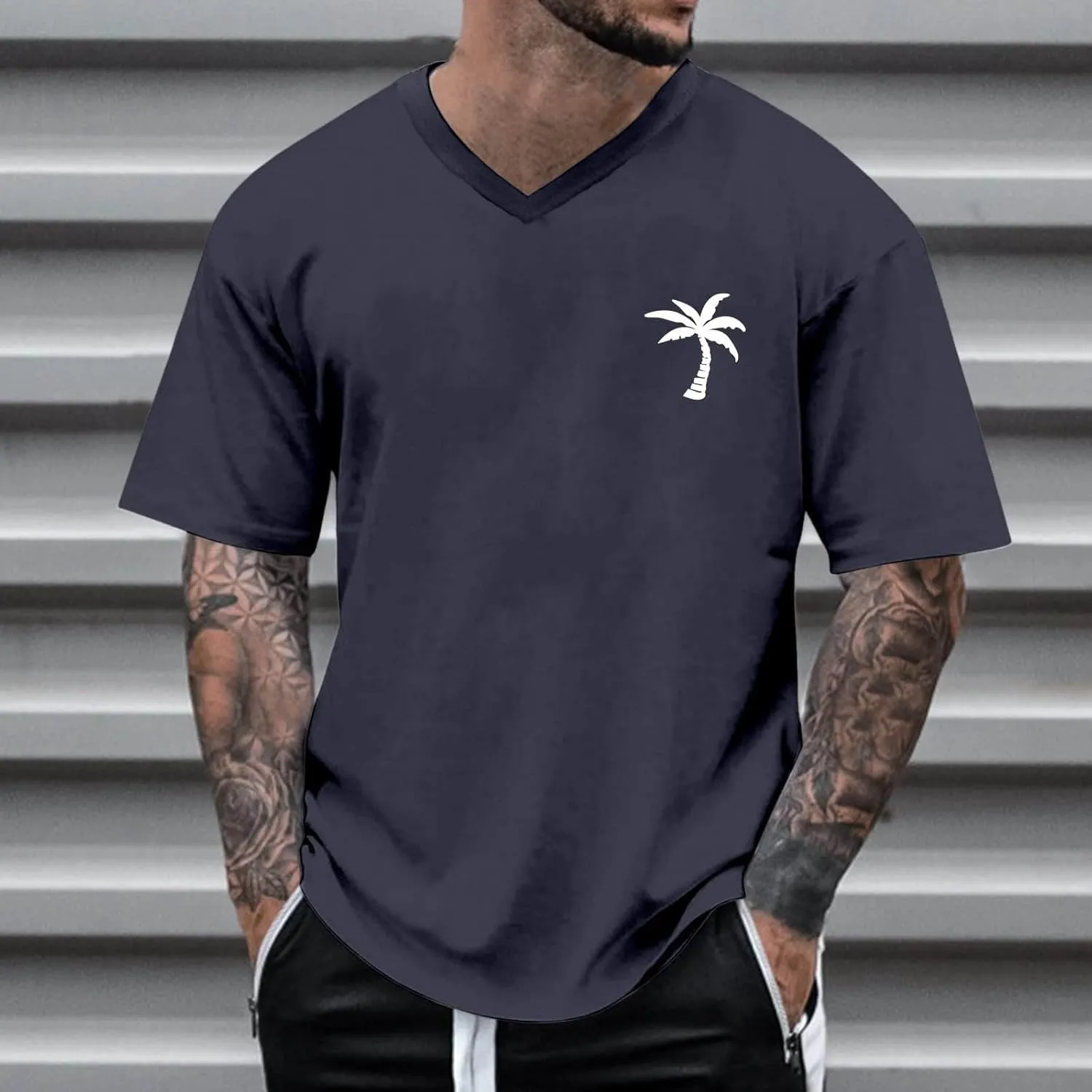 CRNTCEM Mens Big and Tall Coconut Print T-Shirts Heavyweight Cotton Hippie V Neck Tshirts Summer Short Sleeve Gym Muscle Tops
