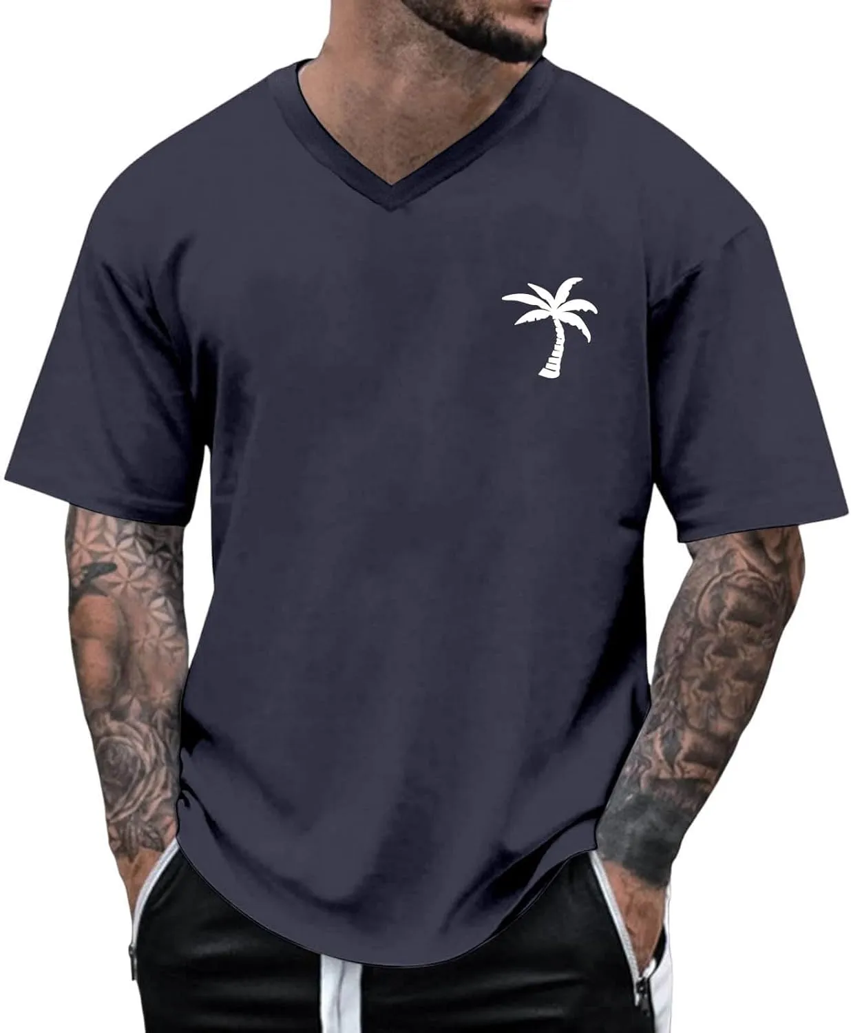 CRNTCEM Mens Big and Tall Coconut Print T-Shirts Heavyweight Cotton Hippie V Neck Tshirts Summer Short Sleeve Gym Muscle Tops